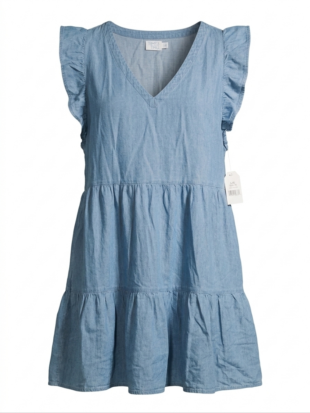 Time And Tru Light Blue Chambray  Tiered Dress with Ruffle Sleeves